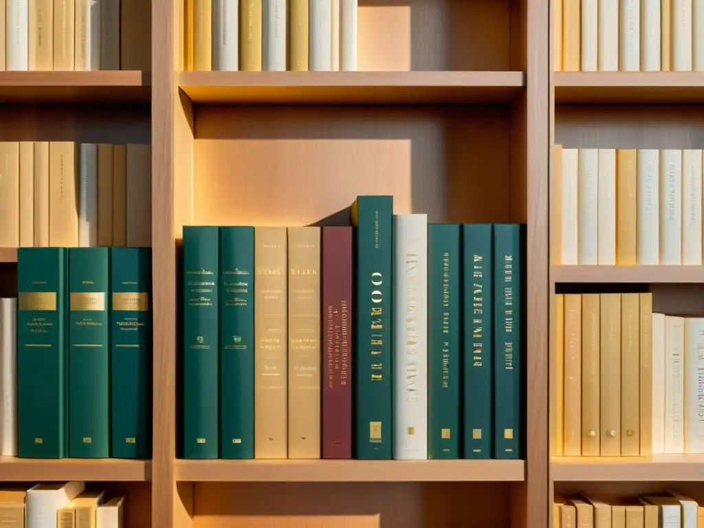 Un majestuoso y sereno librero con obras clásicas iluminadas por una cálida luz dorada, evocando la importancia crítica literaria y el canon de la formación