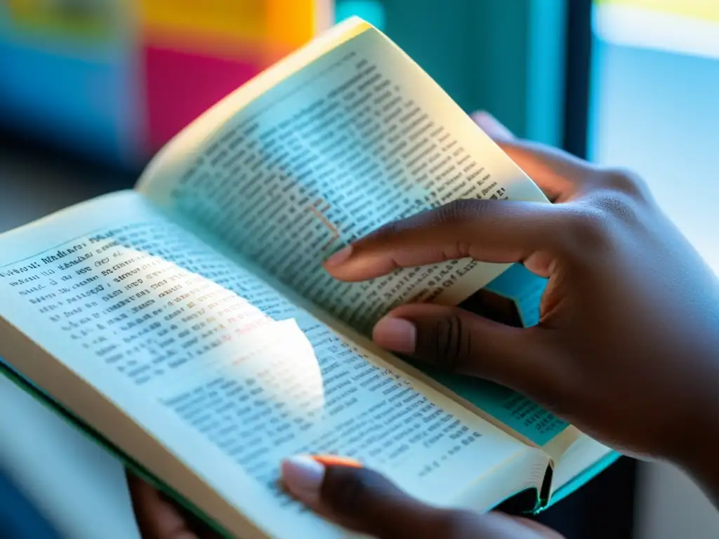 Mano de adolescente leyendo literatura juvenil actual técnica literaria, con un libro desgastado y páginas vibrantes y coloridas