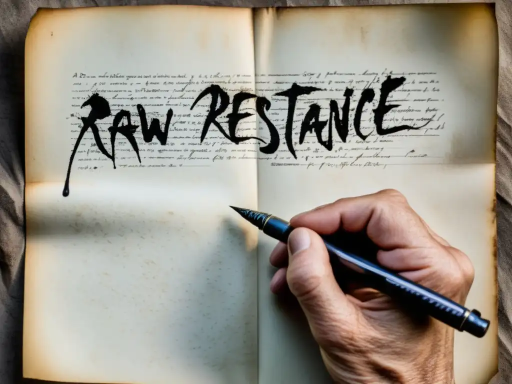 Mano arrugada escribiendo poesía de resistencia Una mano arrugada y desgastada sujeta un bolígrafo manchado de tinta, mientras escribe poesía comprometida siglo XX