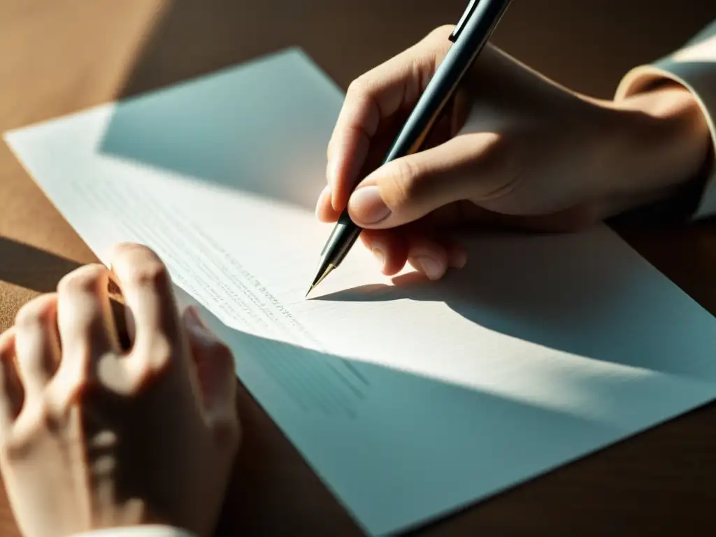 Una mano sostiene un bolígrafo sobre papel en blanco, con luz suave