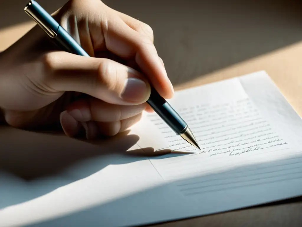 Mano sosteniendo un bolígrafo sobre papel en blanco, listo para escribir