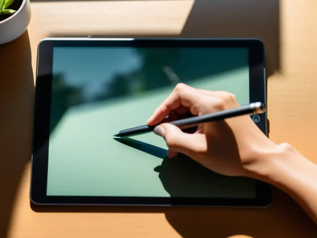 Mano creativa lista para escribir en tableta Mano sosteniendo un bolígrafo sobre una tableta en blanco, iluminada por luz natural