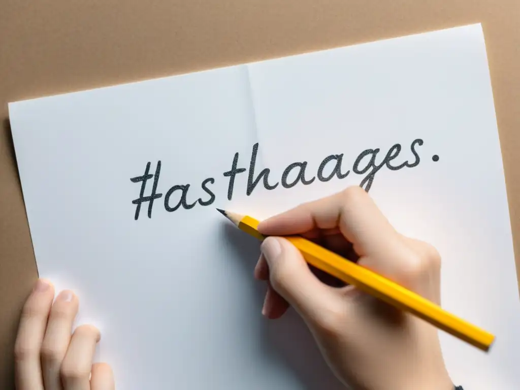 Una mano escribe con cuidado hashtags literarios en un papel blanco