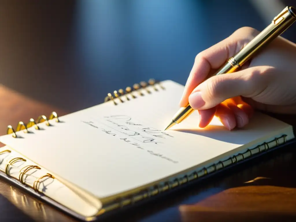 Una mano escribe una dedicatoria en un hermoso cuaderno con un elegante bolígrafo, con luz natural iluminando la escena