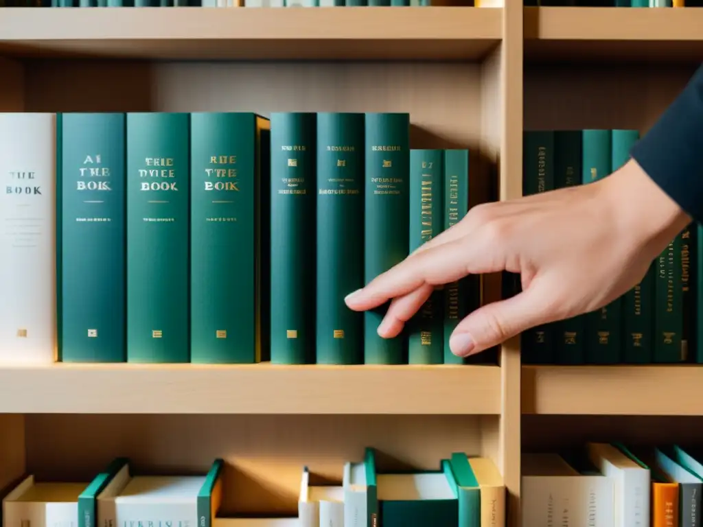 Una mano selecciona con delicadeza un libro de una estantería, creando una atmósfera de calma y concentración