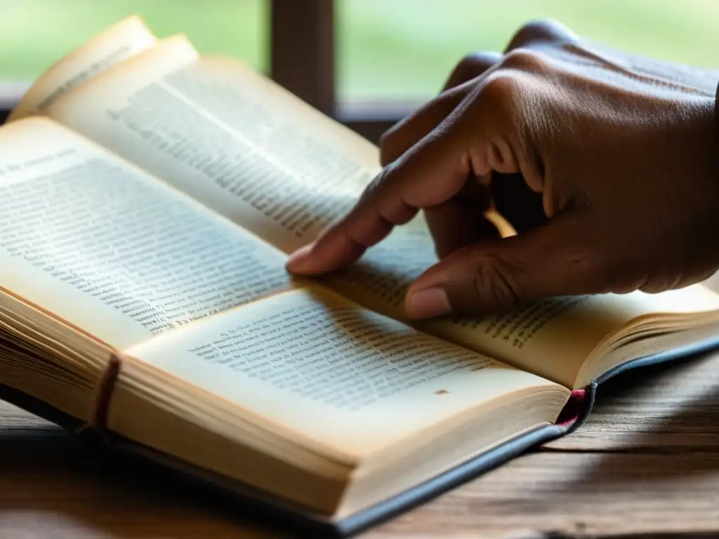 Explorando sabiduría: mano hojear libro antiguo Mano detallada hojeando libro desgastado, iluminada por luz natural