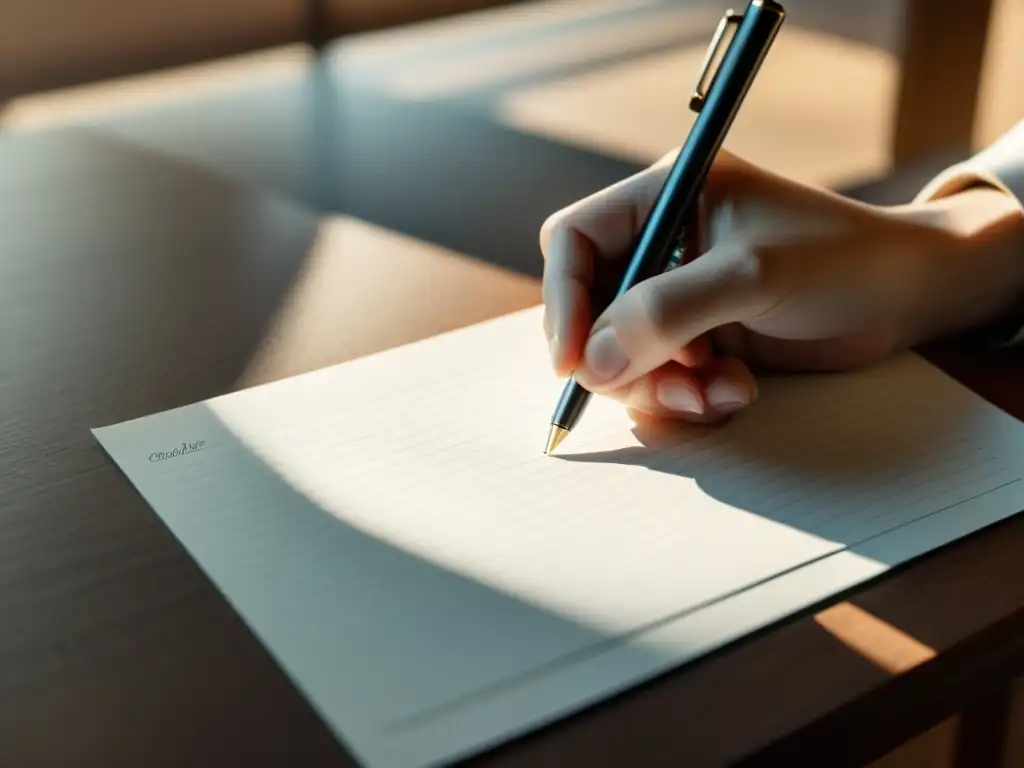 Mano escribiendo con elegancia en papel de alta calidad, destacando la artesanía