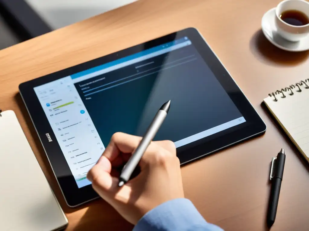 Una mano sostiene un elegante lápiz digital sobre una tablet, lista para escribir en un cuaderno digital