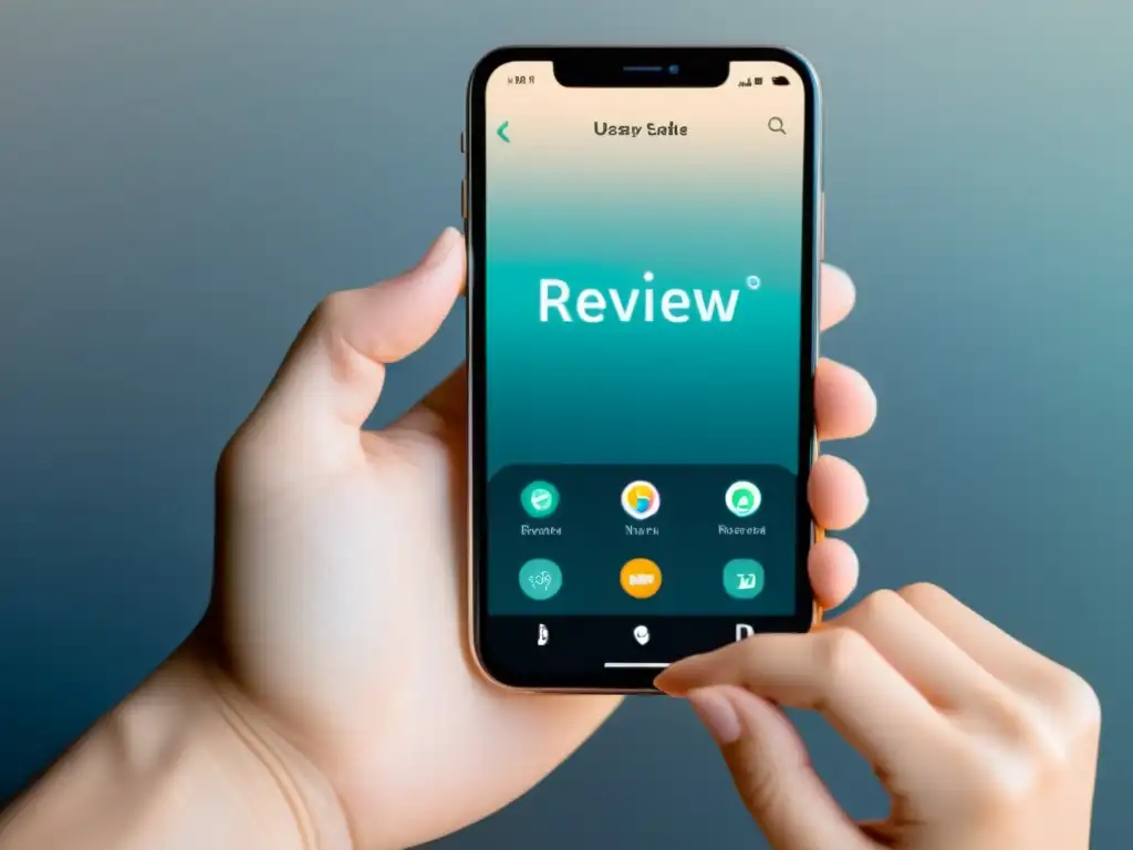 Una mano sostiene un elegante smartphone con una app de reseñas en la pantalla