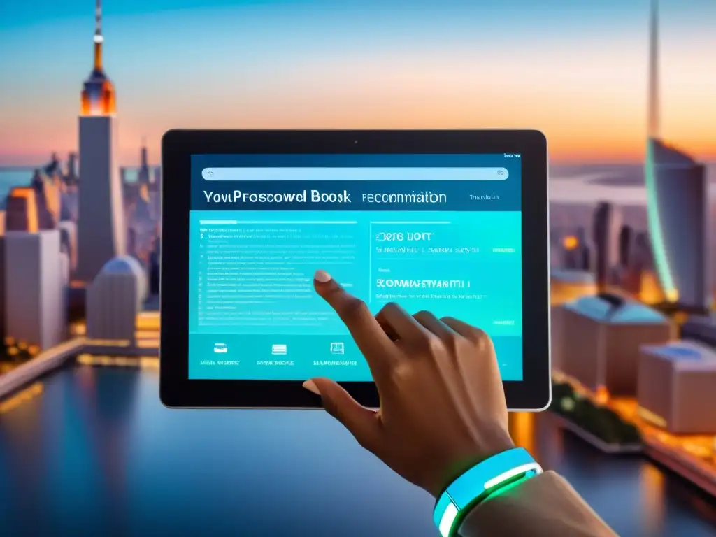 Una mano sostiene una elegante tablet con recomendaciones literarias gracias a la Inteligencia Artificial, en un entorno futurista de alta tecnología
