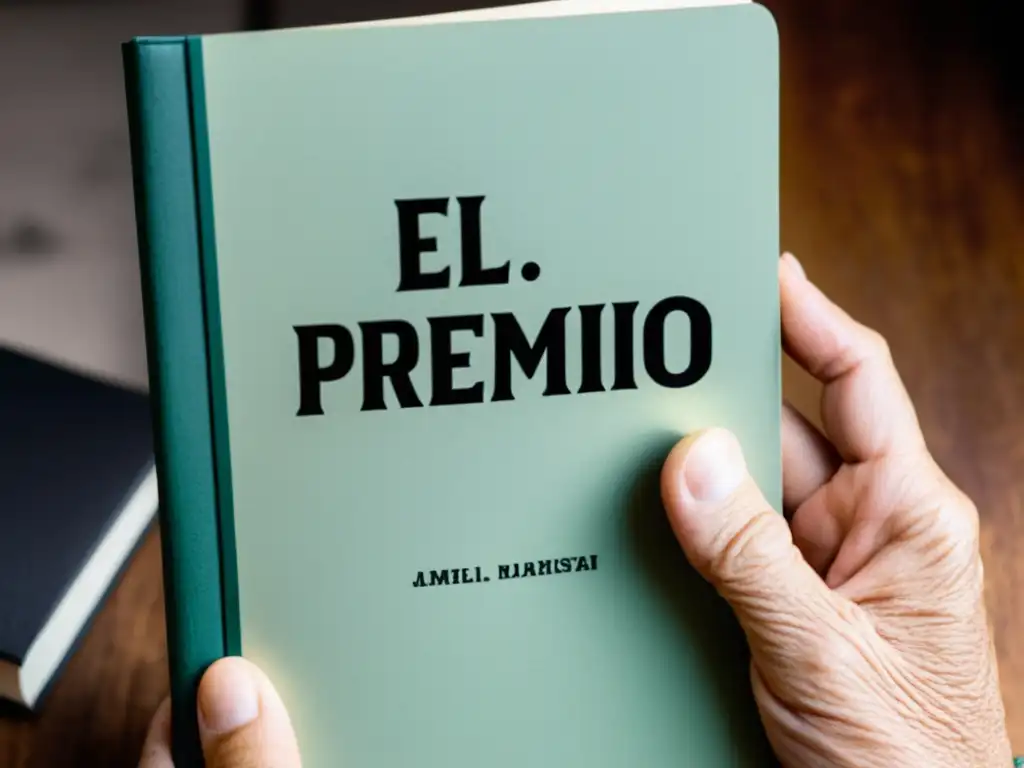 Mano de escritor sosteniendo libro desgastado con 'El Premio Booker', en atmósfera serena