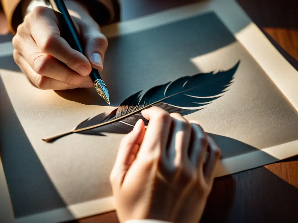 Mano de escritor sostiene pluma sobre papel en luz natural