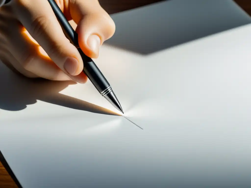 Mano firme sostiene pluma sobre papel en blanco, listo para dedicatoria y agradecimientos resonantes