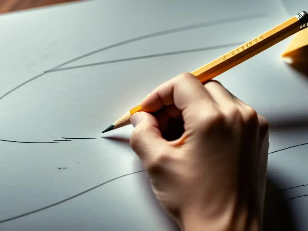 Mano sosteniendo un lápiz sobre papel en blanco, capturando la esencia del proceso de escritura