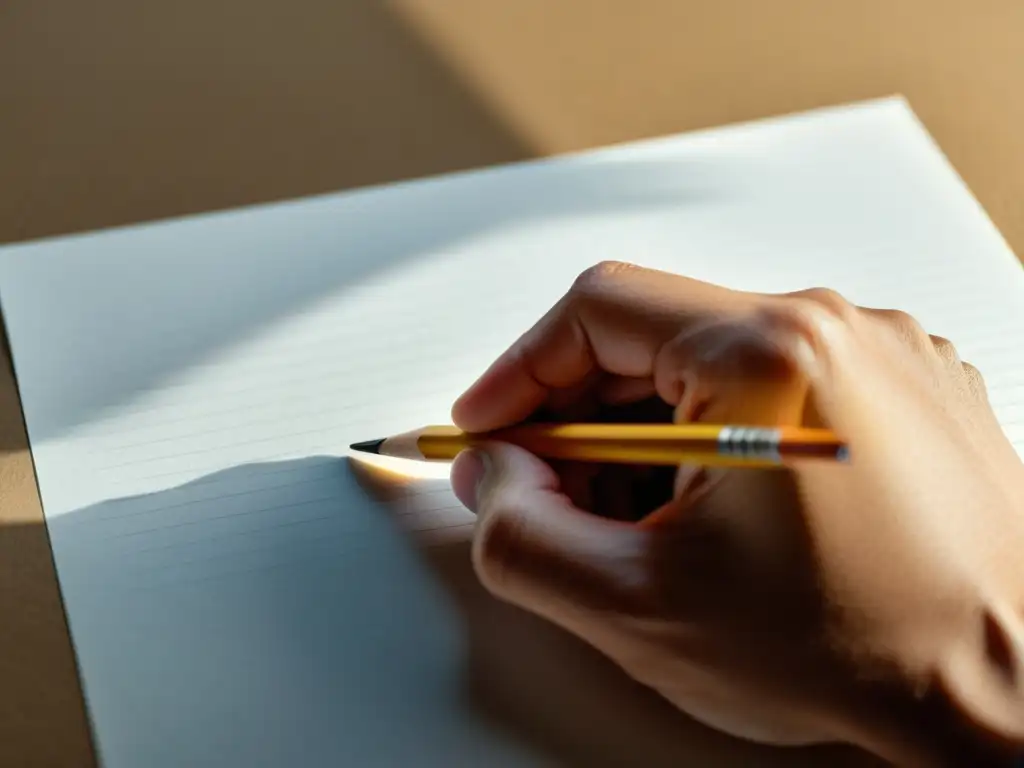 Mano sosteniendo un lápiz sobre papel en blanco, listo para escribir