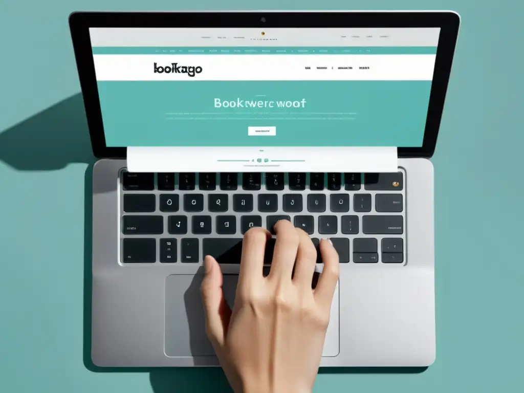 Mano escribiendo en laptop moderna con Booktango en pantalla y diseño de ebook