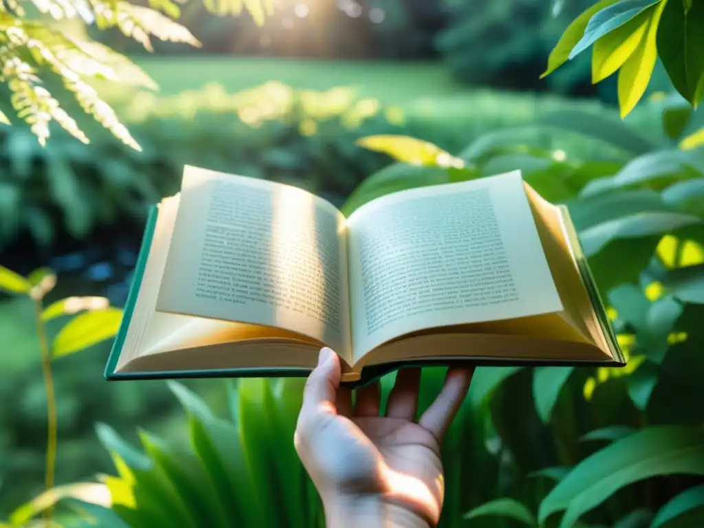 Mano soltando un libro al aire en un entorno natural, con luz solar filtrándose a través de las páginas