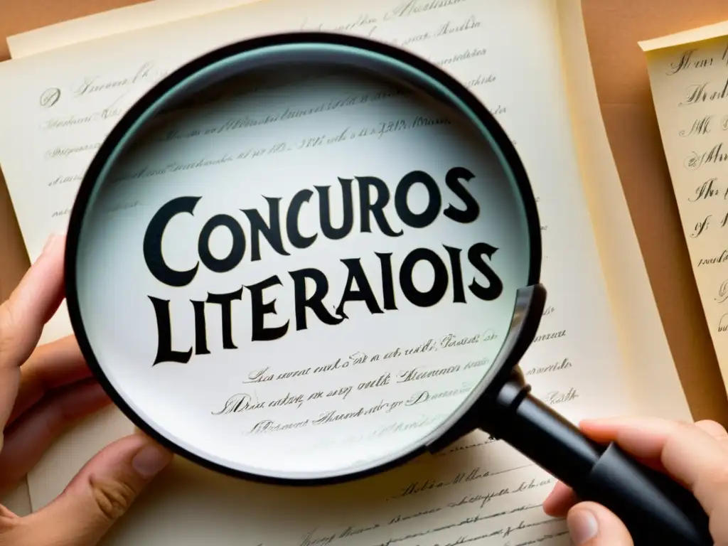 Mano sostiene lupa sobre pila de papel con 'Concursos Literarios' en caligrafía