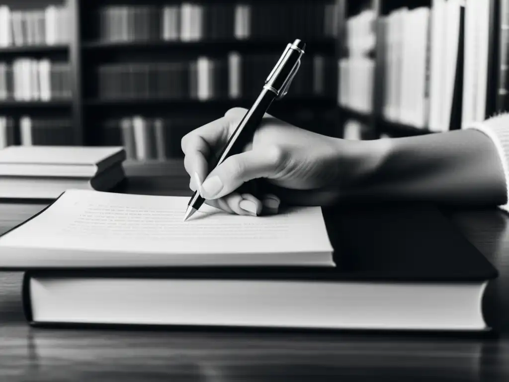 Una mano de mujer sosteniendo un bolígrafo frente a una pila de libros, reflejando la determinación y el poder de la escritura