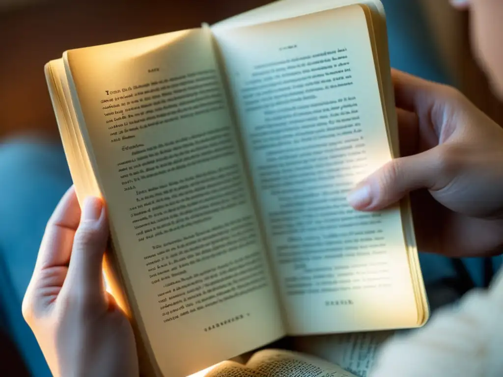 Una mano delicadamente pasa las páginas de un libro desgastado, iluminada por luz natural