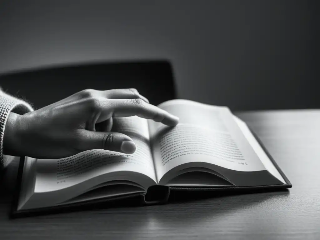 Mano acariciando páginas de libro, capturando la interacción del público con obra literaria en imagen minimalista en blanco y negro