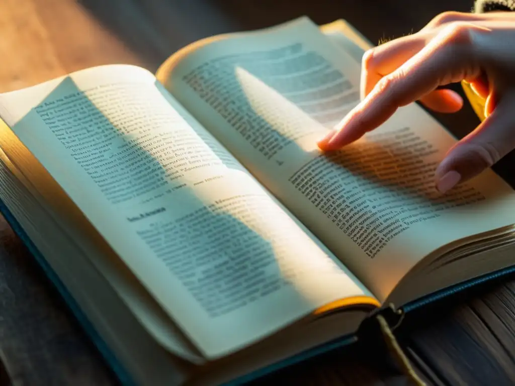 Mano pasando las páginas de libro vintage, con detalles de la textura y el texto impreso