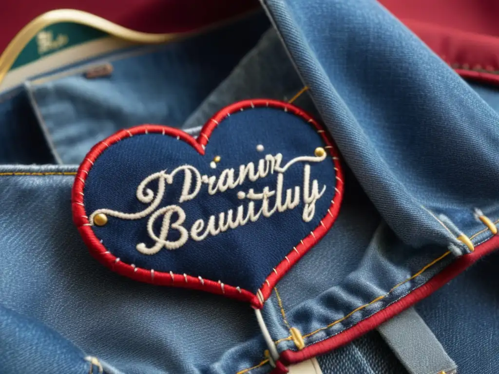 Bordado literario en chaqueta vaquera: detalle meticuloso Mano bordando un parche literario en chaqueta vaquera con hilo rojo, detalle y cuidado artesanal