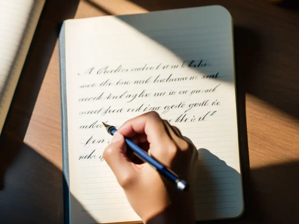 Mano escribiendo con una pluma en un cuaderno, rodeada de luz suave, evocando creatividad y enfoque en técnicas escritura autobiográfica talleres