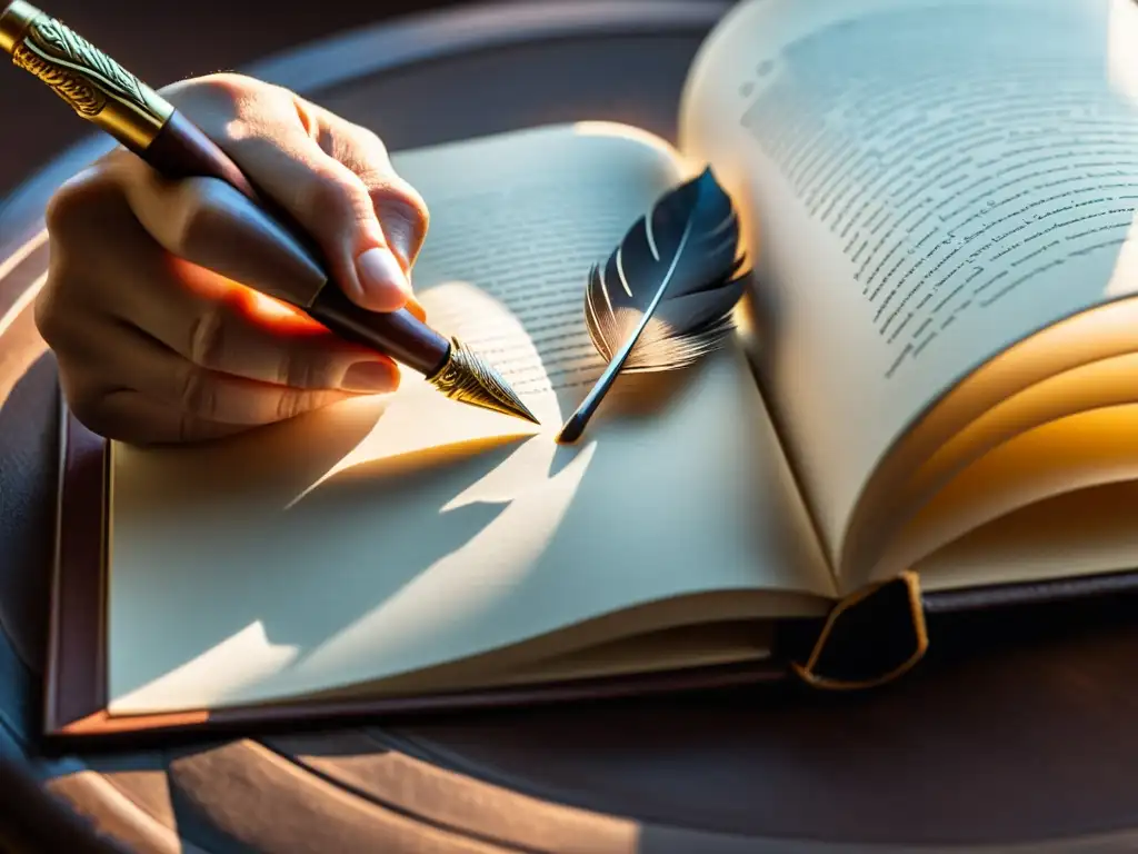 Mano sosteniendo pluma sobre página en blanco de libro