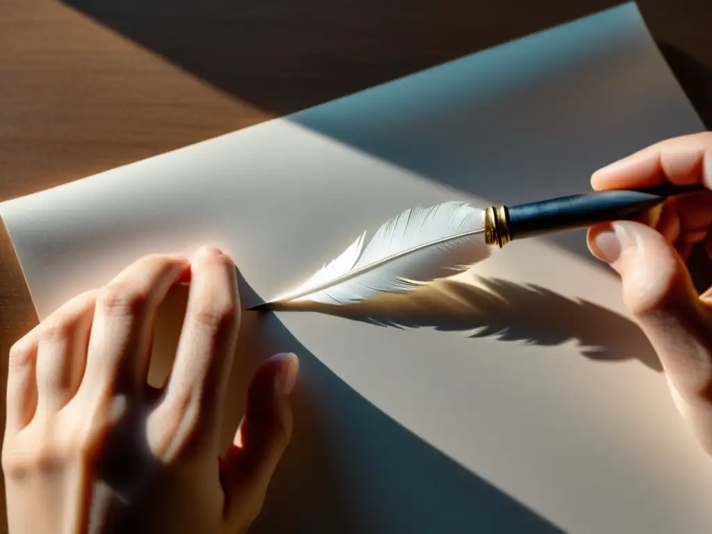 Mano sosteniendo pluma sobre papel en blanco, capturando la tensión previa al primer verso