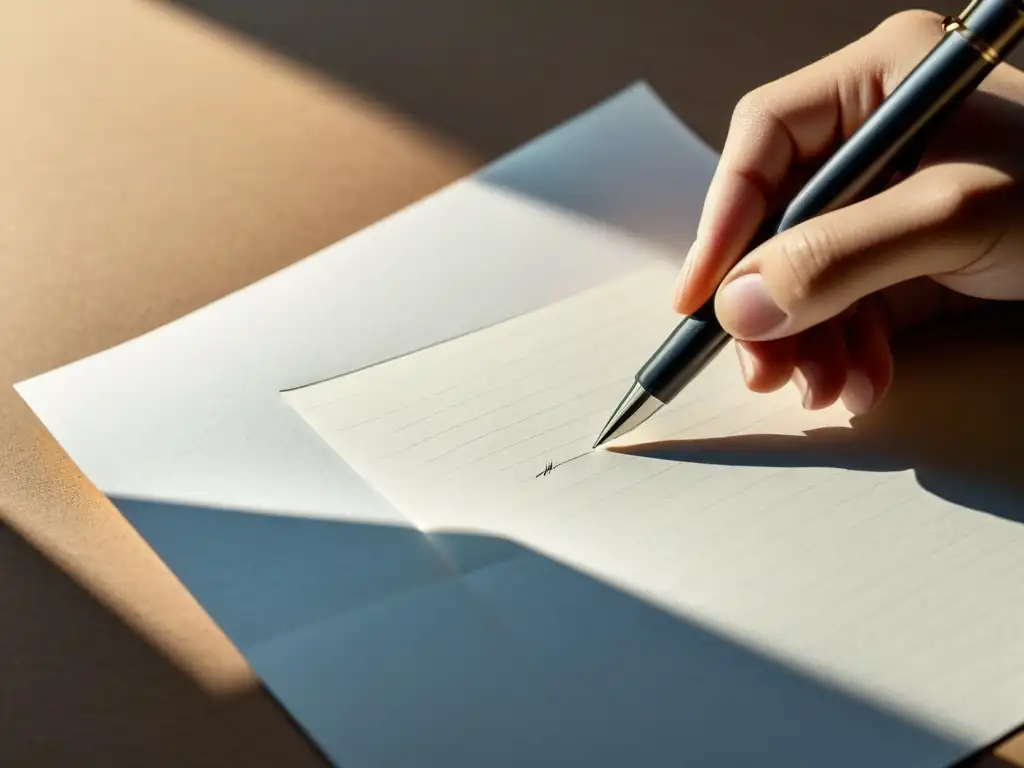 Mano sosteniendo pluma sobre papel en blanco, listo para escribir