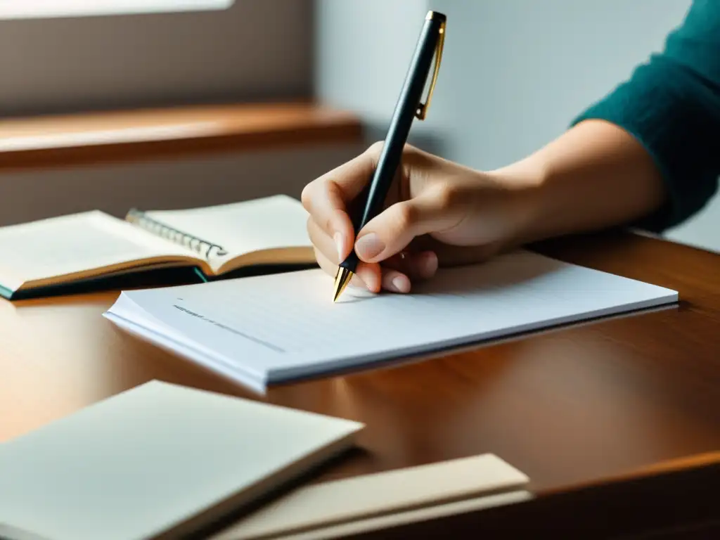 Mano escribiendo con pluma en papel en blanco, libros al fondo