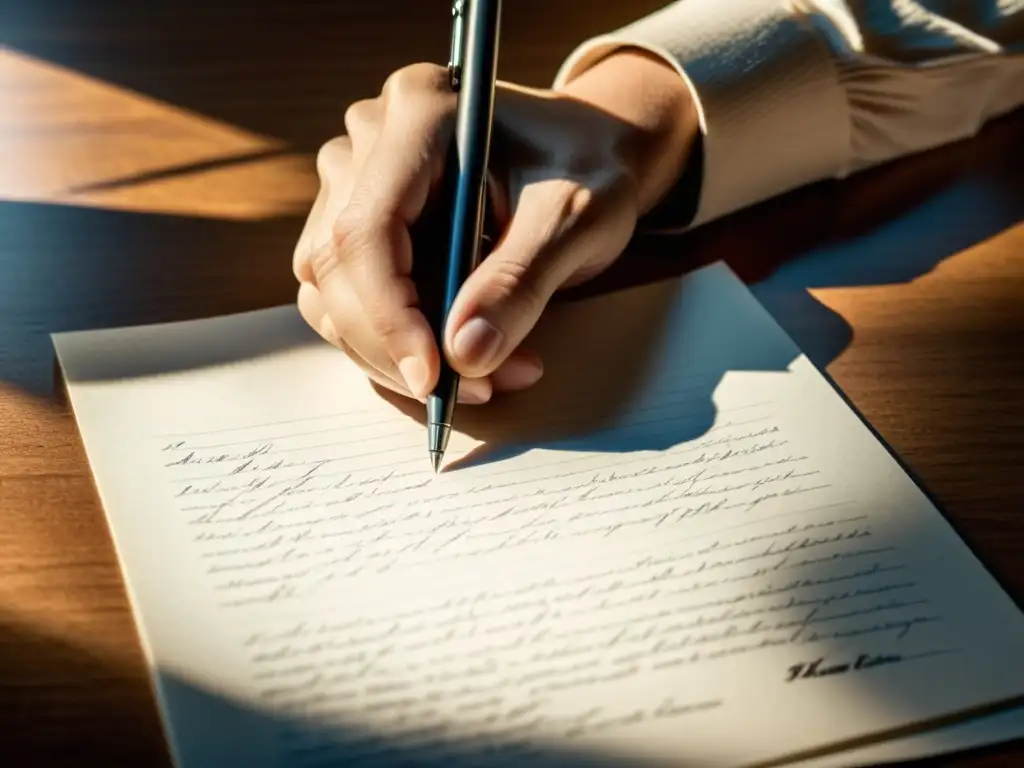 Mano sosteniendo pluma sobre papel en blanco, listo para escribir una biografía, capturando la importancia de la autoría y autoedición