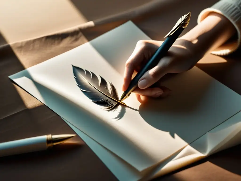 Mano sosteniendo una pluma sobre papel en blanco, con luz suave