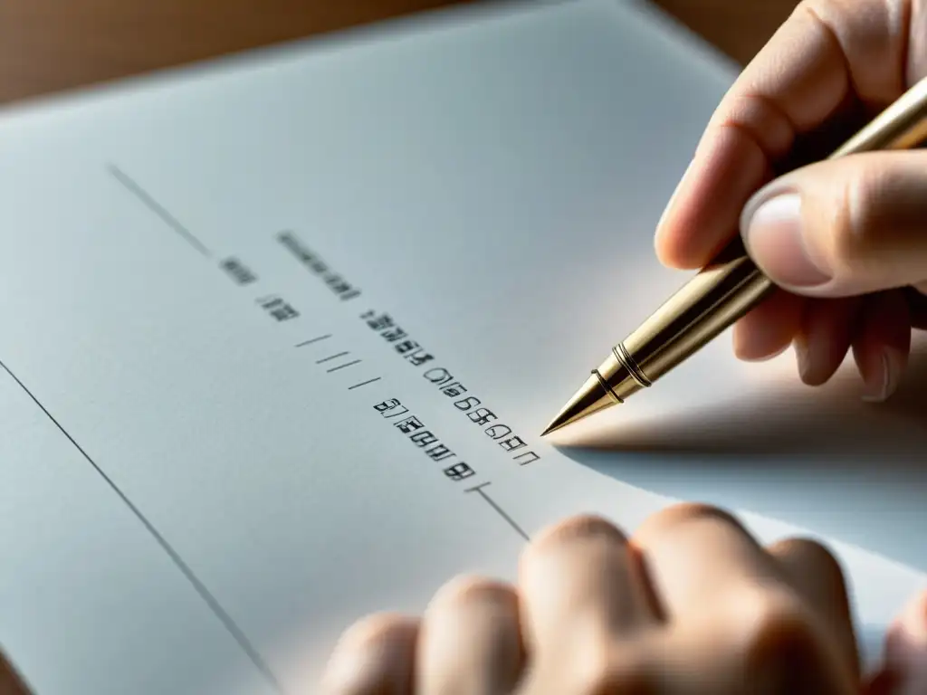 Mano sosteniendo pluma sobre papel en blanco, capturando la emoción antes de escribir