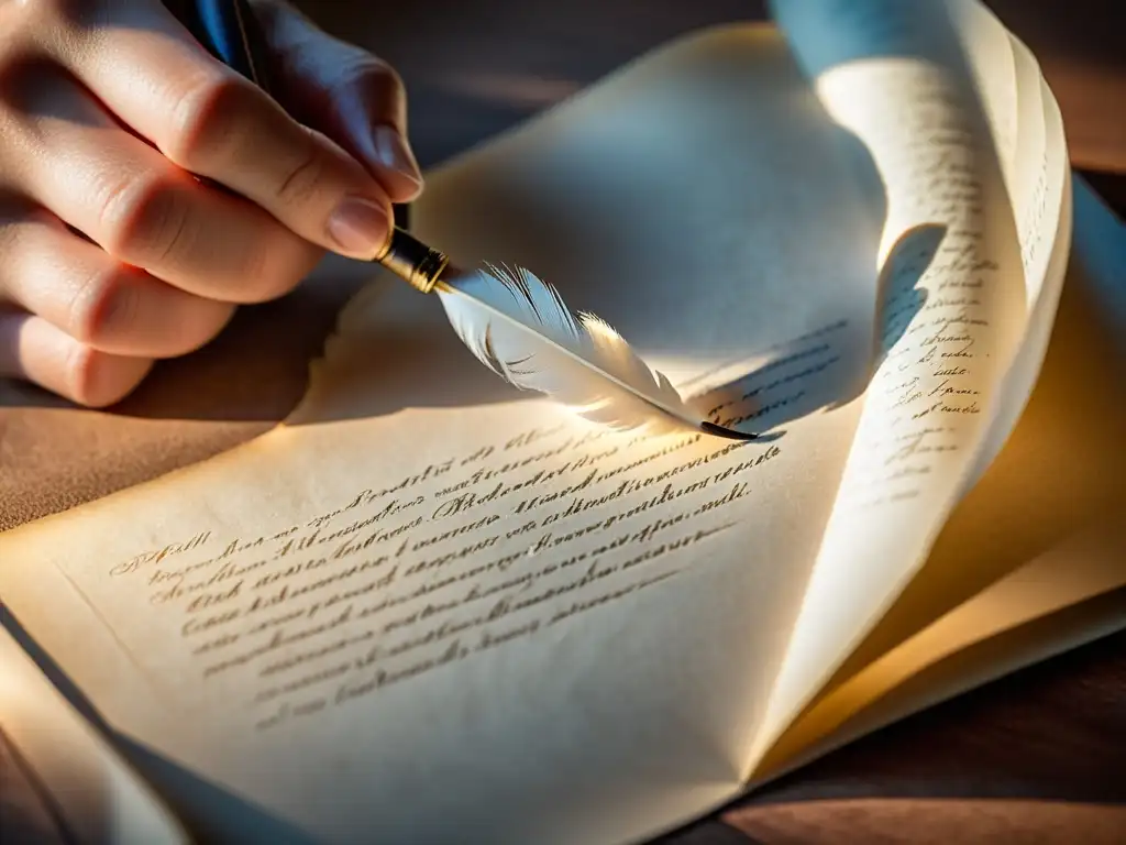 Mano sosteniendo una pluma sobre un pergamino, detalle y calidez, inspirando técnicas de edición de manuscritos