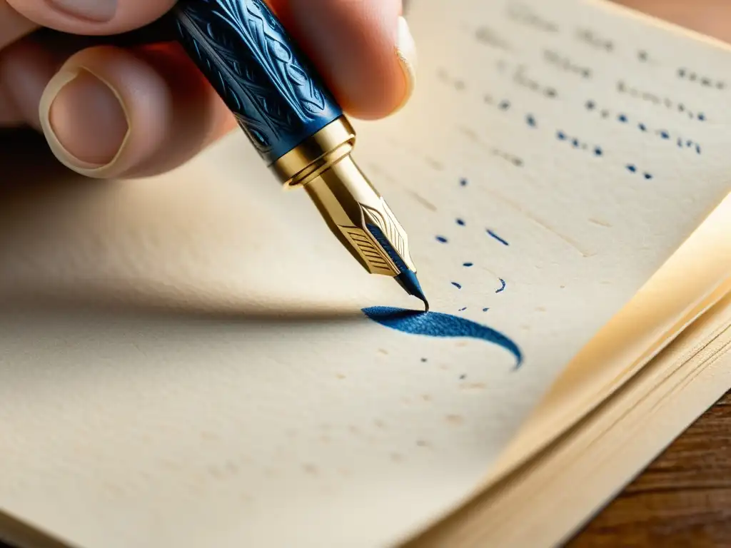 Una mano sostiene una pluma vintage sobre un papel crema, escribiendo con tinta azul