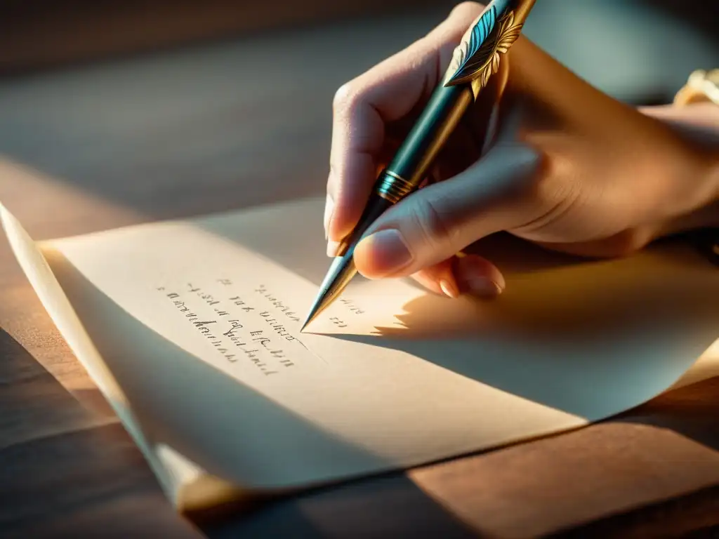 Una mano sostiene una pluma vintage sobre un pergamino en blanco, listo para escribir