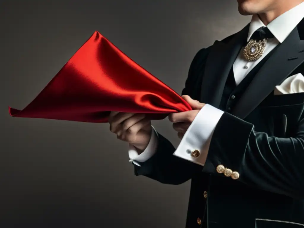 Mano sacando pañuelo rojo de sombrero de copa, detalle intrincado, fondo negro aterciopelado