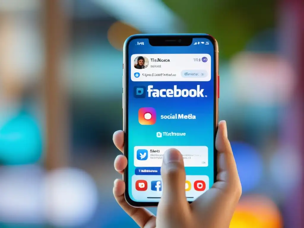 Una mano sostiene un smartphone con apps de redes sociales abiertas, mostrando la evolución del lenguaje escrito en redes sociales