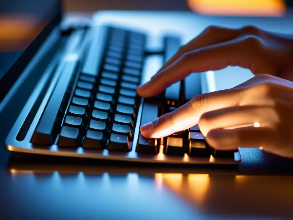 Mano escribiendo en teclado moderno, con luz suave resaltando la precisión y productividad