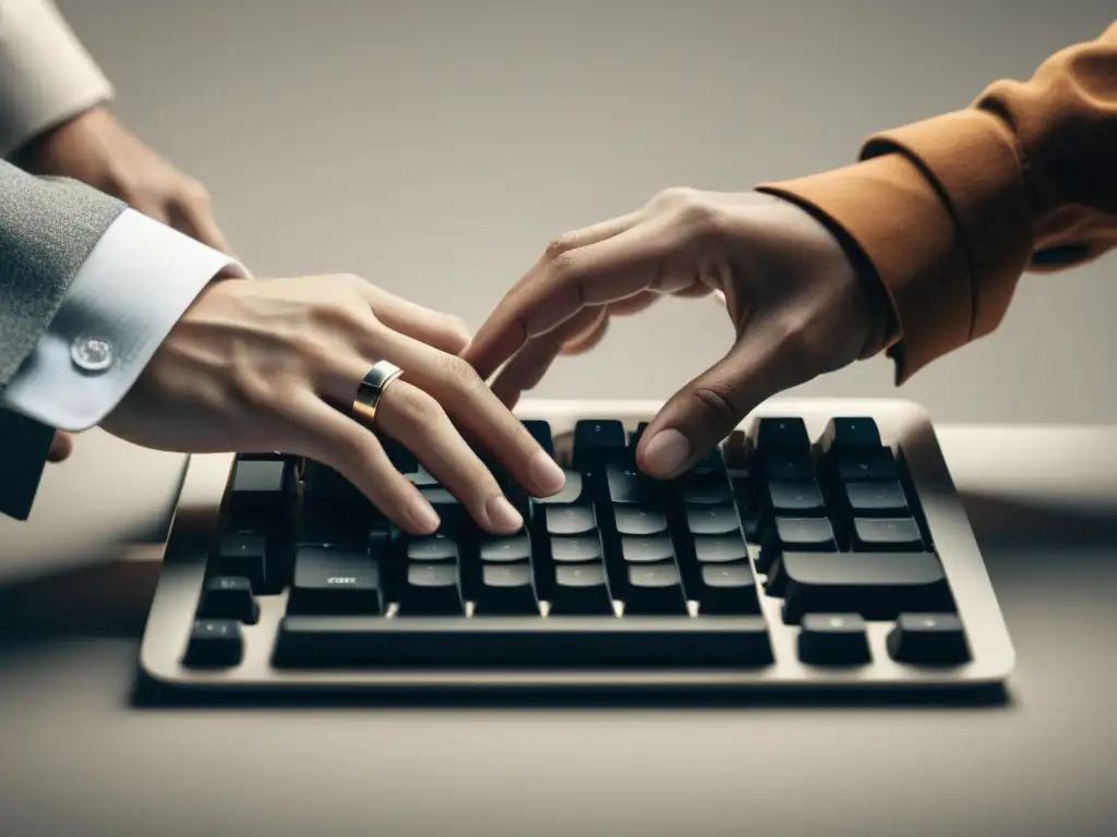 Dos manos escribiendo en colaboración en un teclado, simbolizando trabajo conjunto