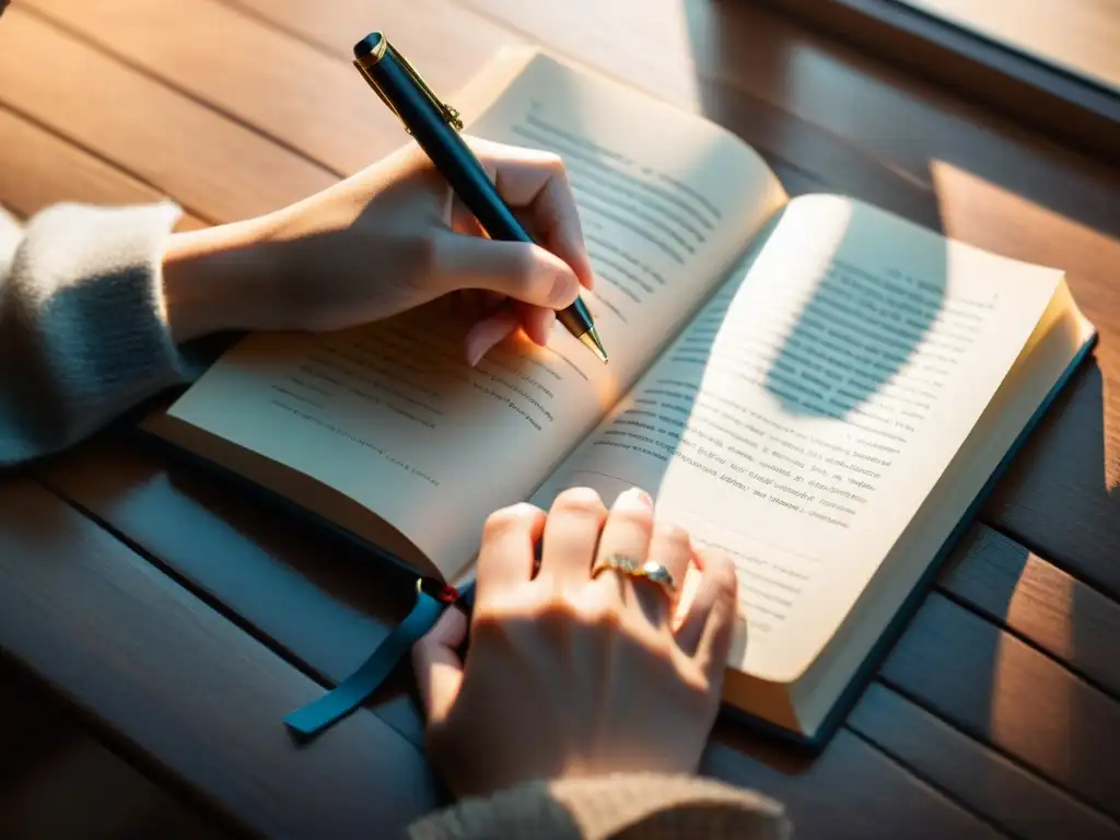 Manos delicadas anotando en un libro, sobre un escritorio de madera con luz natural