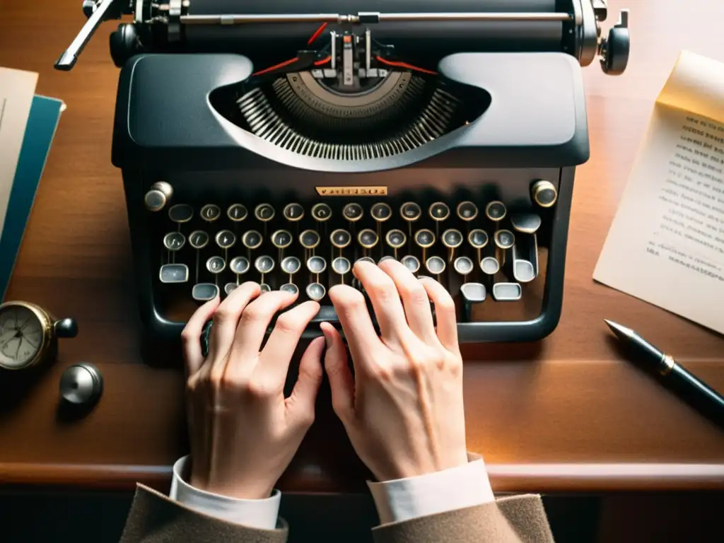 Las manos de un escritor teclean en una máquina de escribir vintage, con luz natural suave y sombras largas