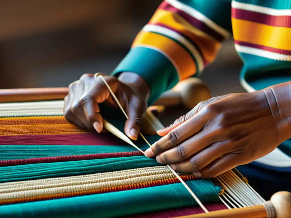 Manos expertas tejen un textil indígena tradicional, destacando patrones intrincados y colores vibrantes