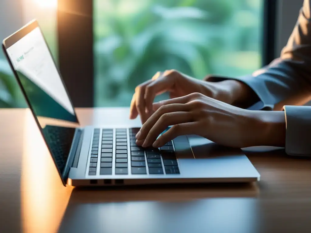 Manos trabajando juntas en un teclado moderno, iluminadas por luz natural