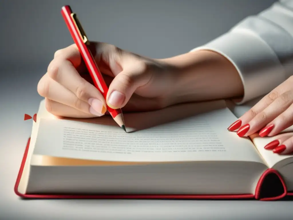 Manos sujetando un lápiz rojo sobre un libro de páginas blancas, destacando la importancia de la corrección en la autoedición