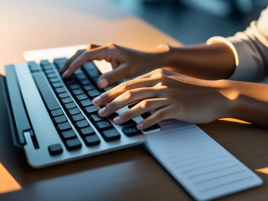 Manos escribiendo en teclado moderno, iluminadas por luz cálida