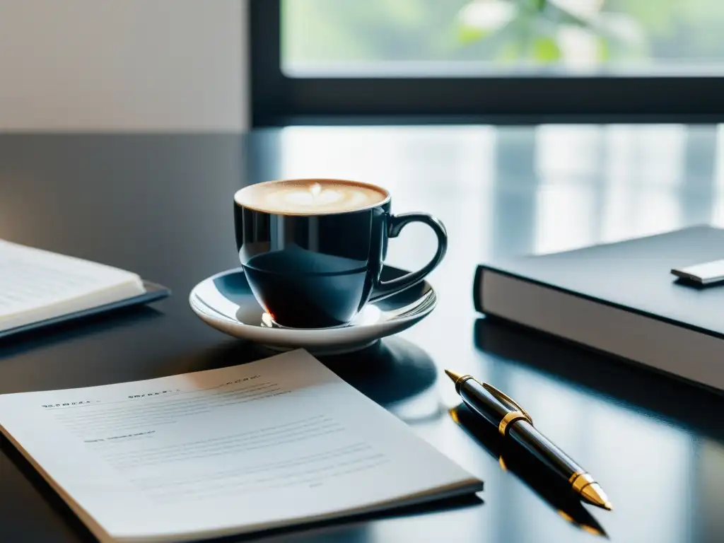 Preparando tu manuscrito para éxito editorial: Imagen de un escritorio moderno con páginas de manuscrito, pluma y café, bañado en luz natural