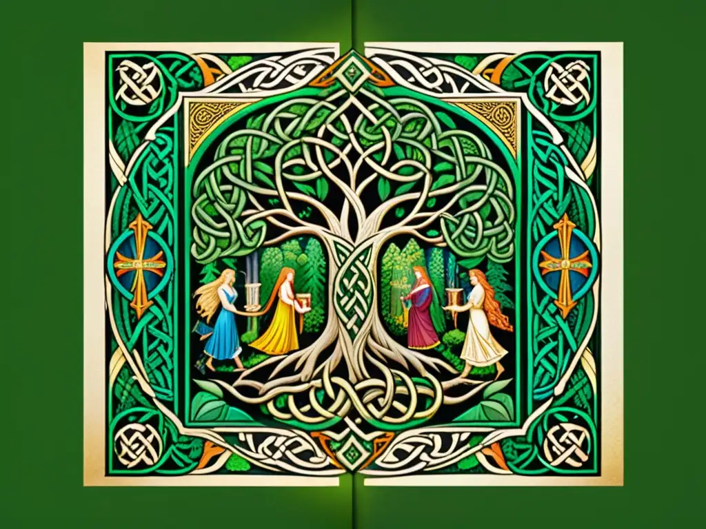 Manuscrito iluminado con influencia de la mitología celta, muestra de literatura medieval en un bosque místico y vibrante